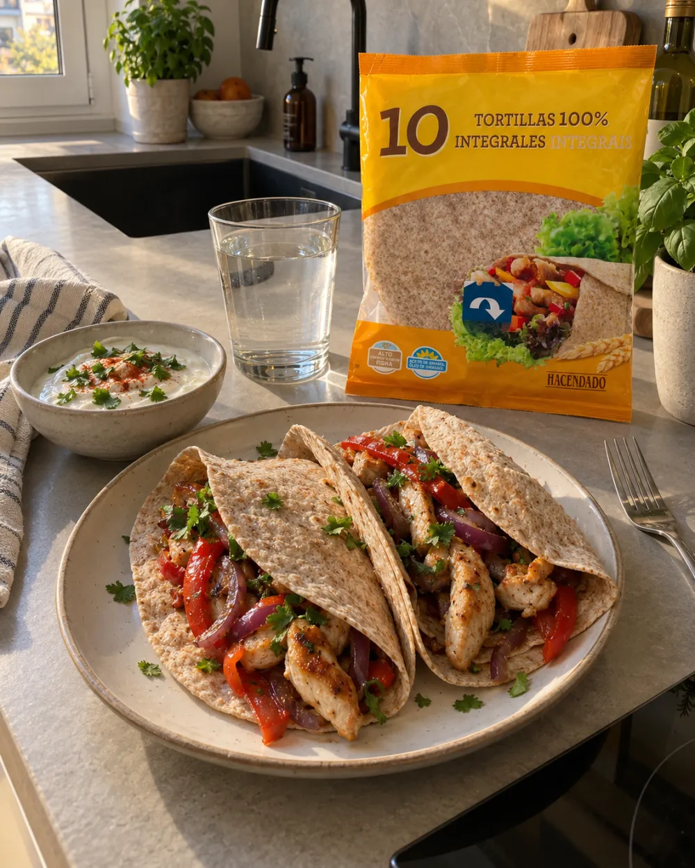 Fajitas integrales de pollo con pimiento asado y yogur griego