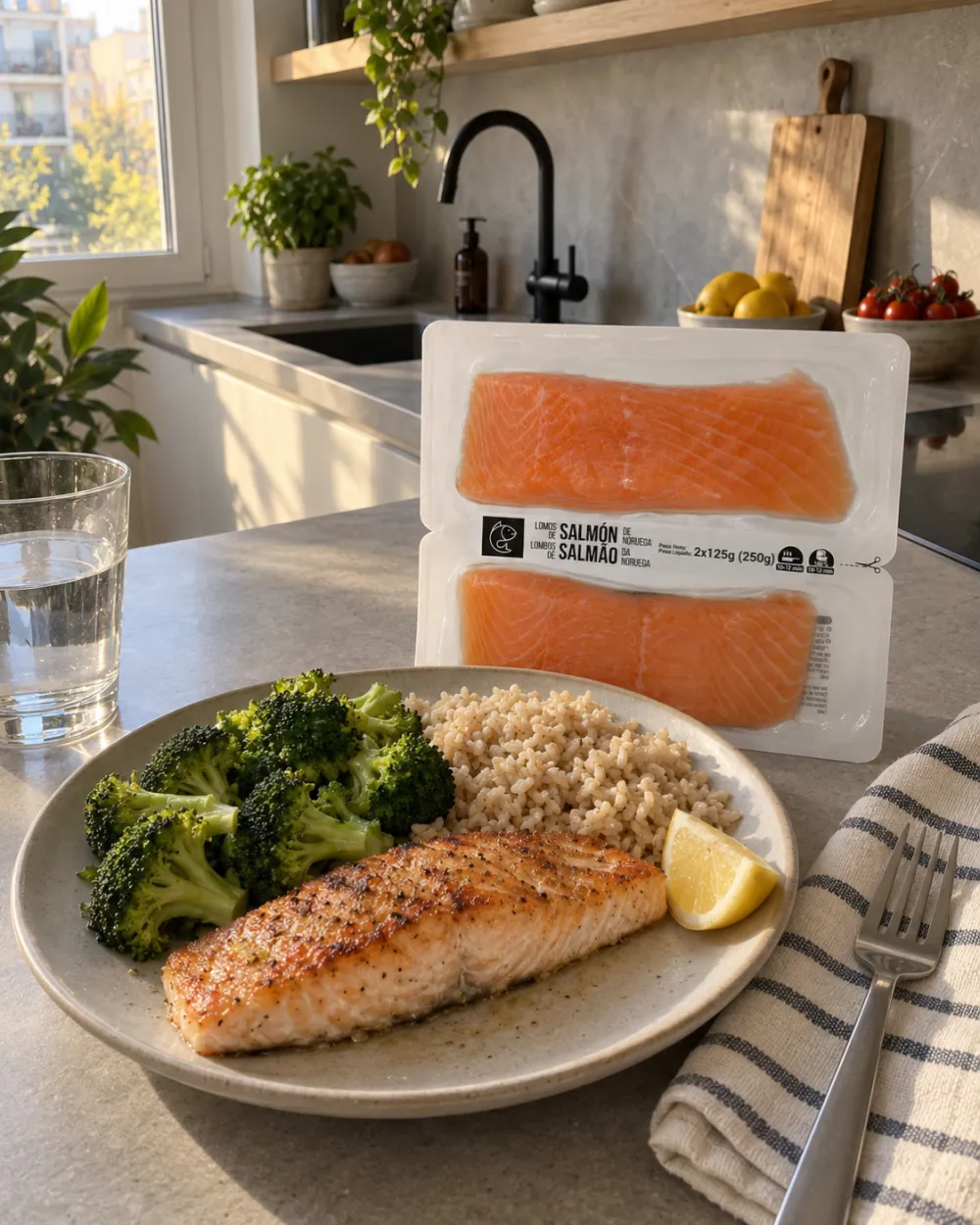 Lomo de salmón dorado con brócoli y arroz integral