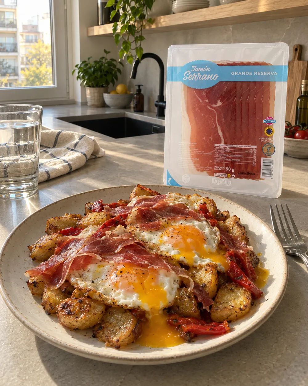 Huevos rotos con patata, jamón serrano y pimiento asado