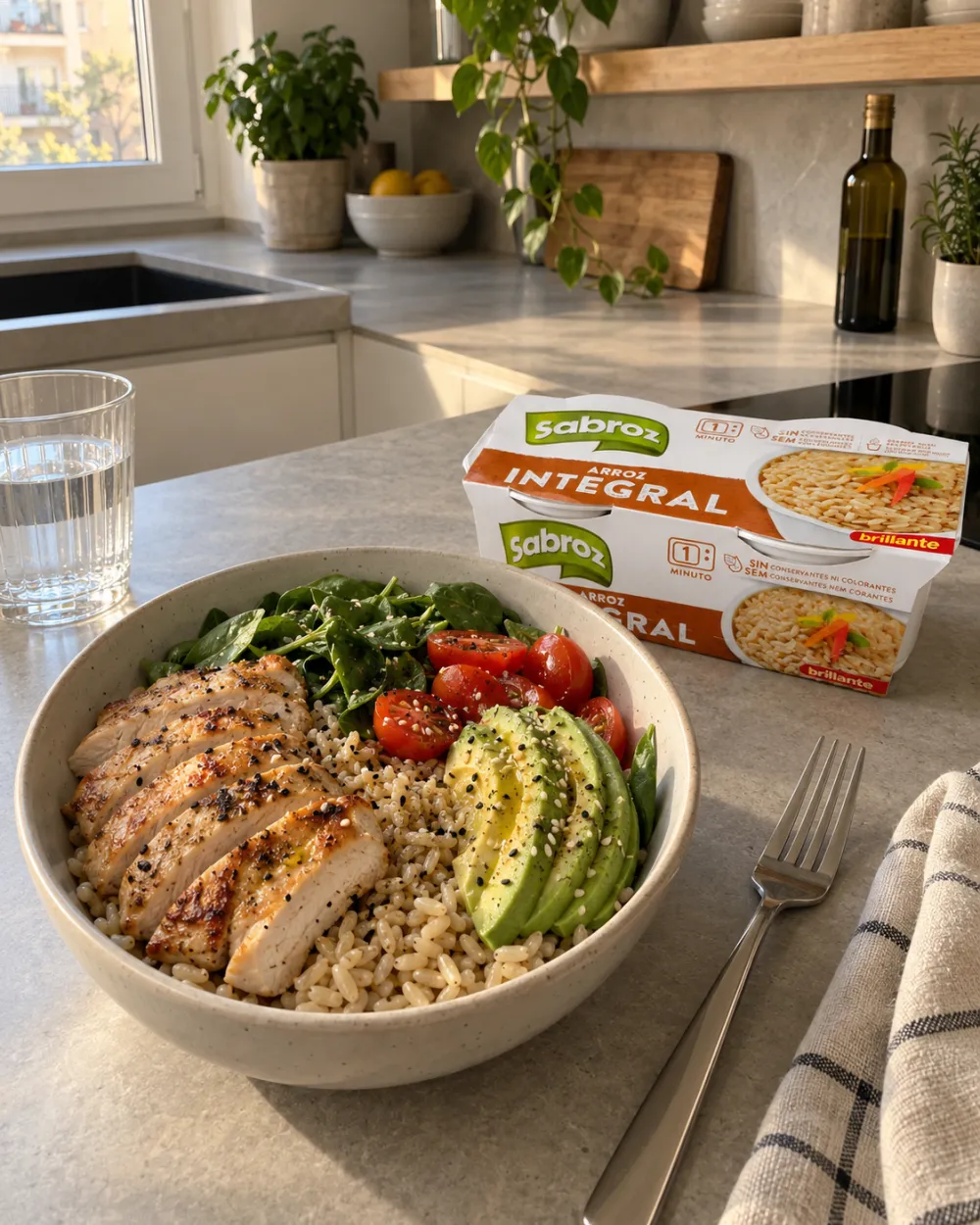 Bowl de arroz integral con pavo, aguacate, tomate cherry y espinacas