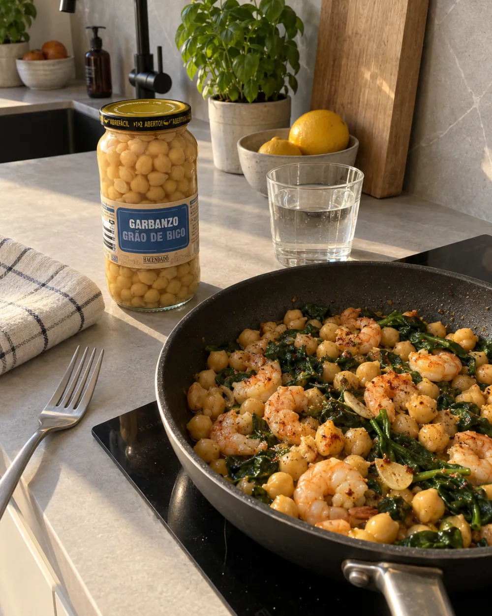 Garbanzos salteados con langostinos y espinacas