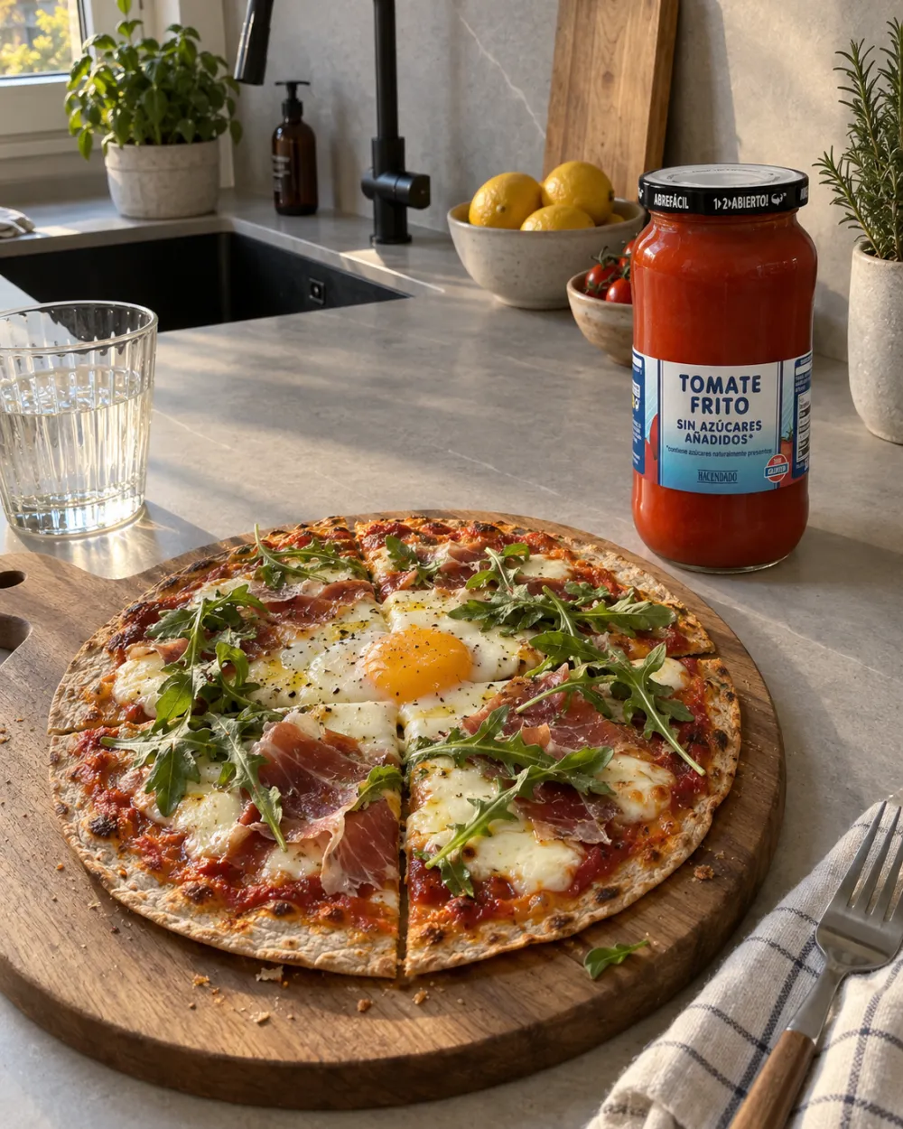 Pizza de sartén sobre tortilla integral con mozzarella, jamón, huevo y rúcula