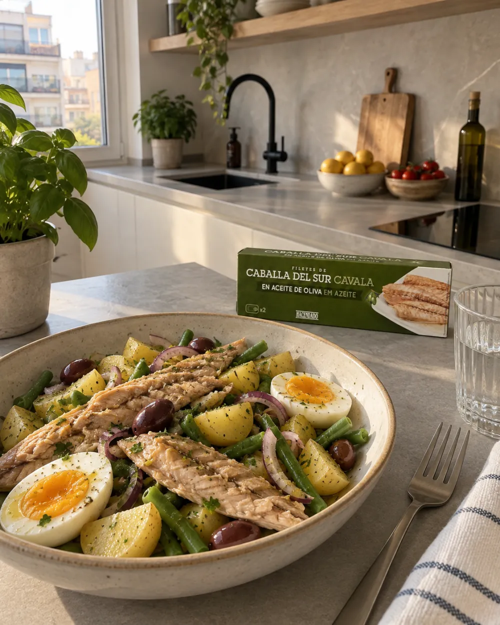 Ensalada templada de patata, caballa, huevo cocido y judías verdes