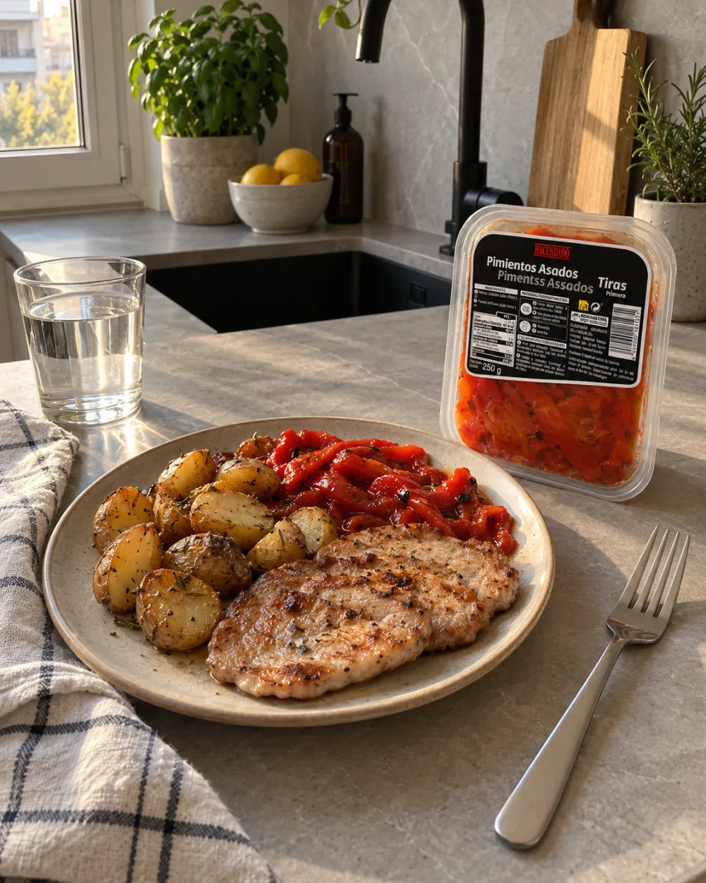 Filetes de lomo a la plancha con patatas doradas y pimientos asados