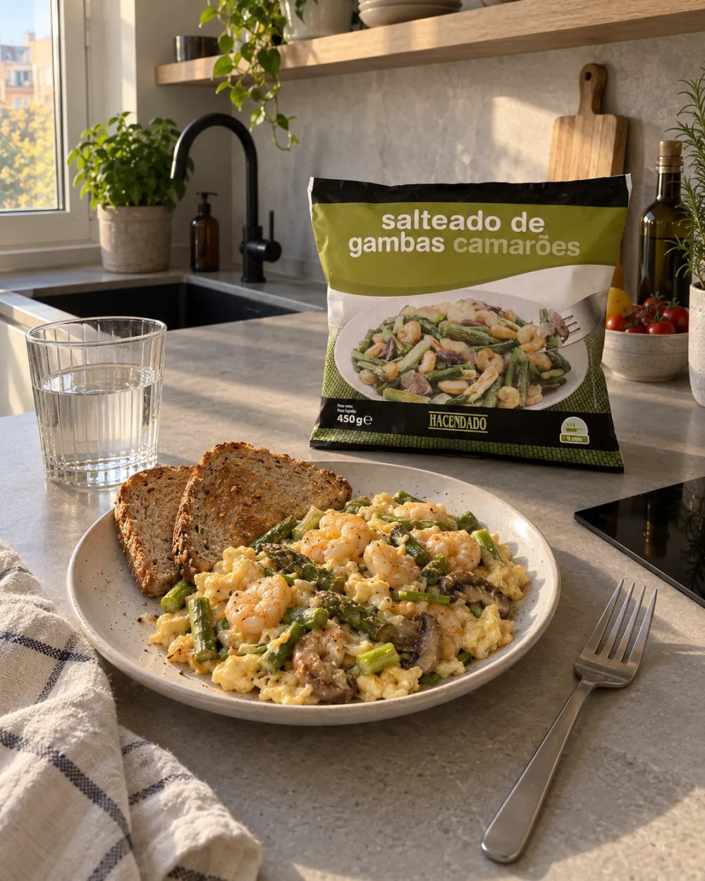 Revuelto de huevo con gambas, espárragos y setas, con pan integral tostado