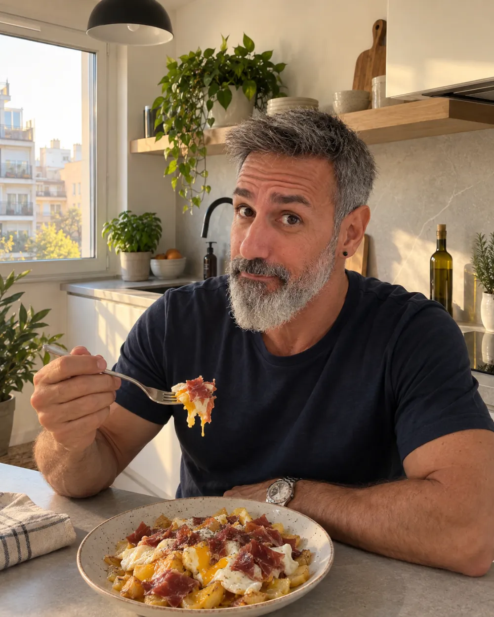 Jonathan Aguilar en su cocina con la cena